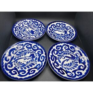 Set of 4 Vintage Anfora Hand Painted Blue White Mexican Talavera Plates